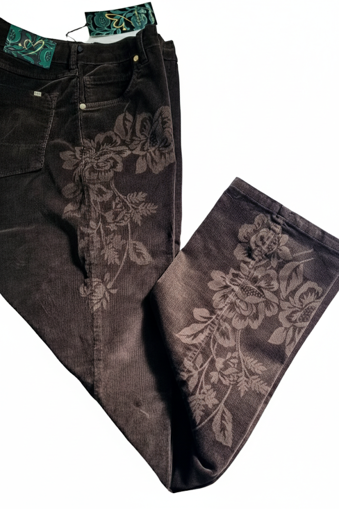 Pantalón pana, laser floral artesanal, corte recto, tiro alto, 5 bolsillos, diseño invernal.