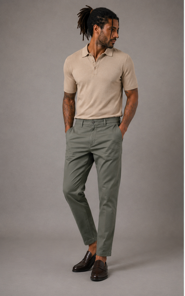 Pantalón chino algodón licra color kaki corte recto