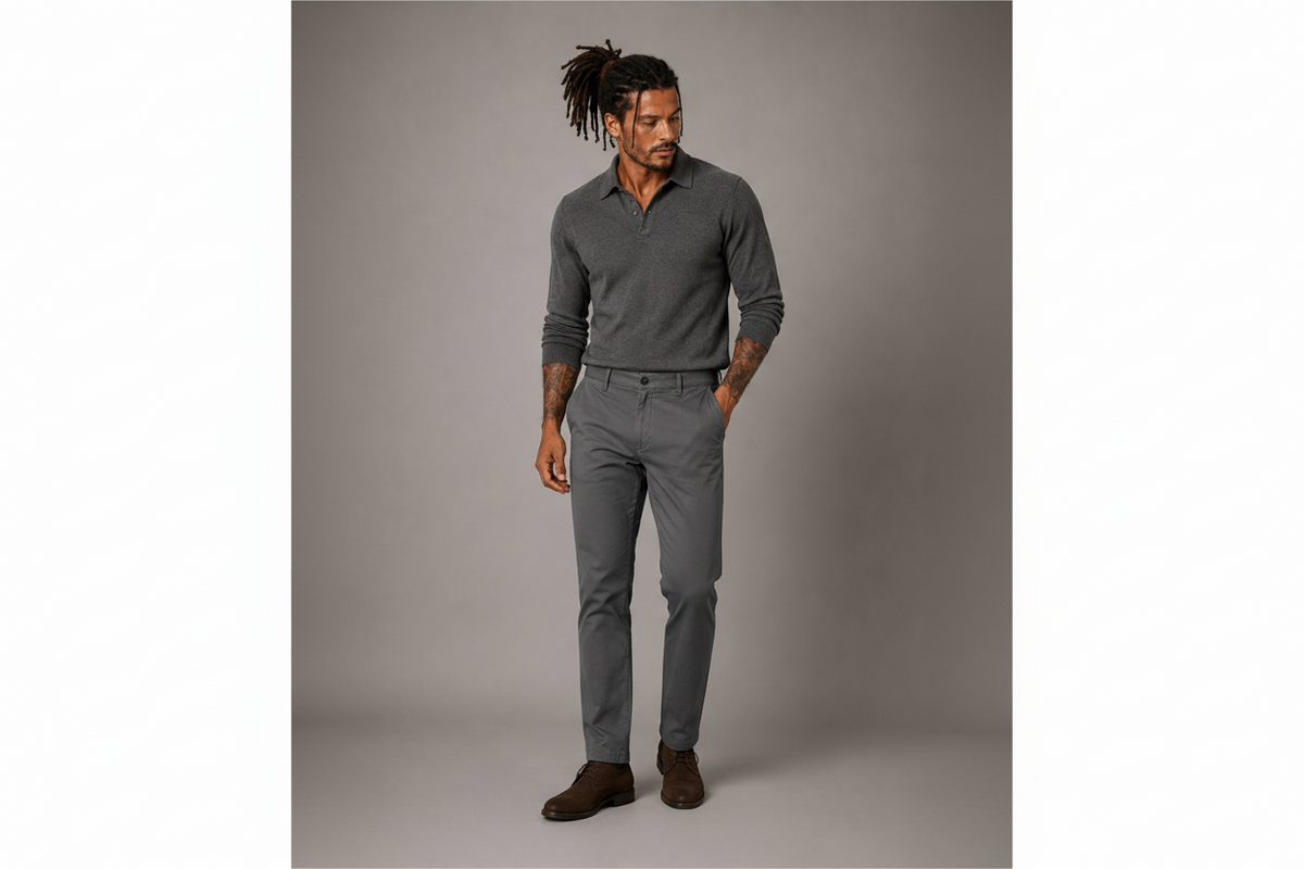 Pantalón chino algodón licra color acero corte recto